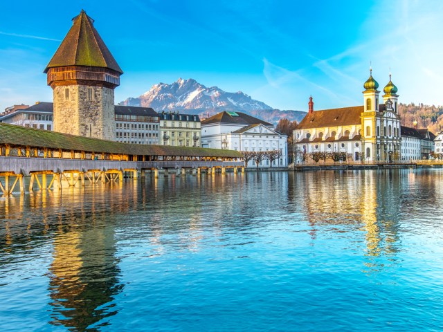 Medieval Kapellbrücke bridge over Reuss River in Lucerne, Switzerland