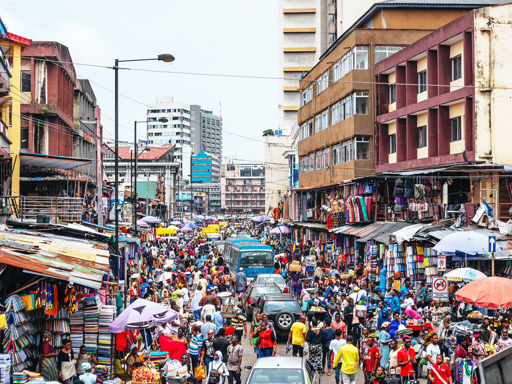 Crowded street market in Lagos, Nigeria, seen from above