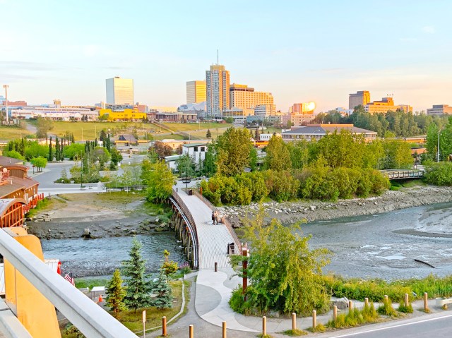 Aerial view of pedestrian bridge leading to downtown Anchorage, Alaska