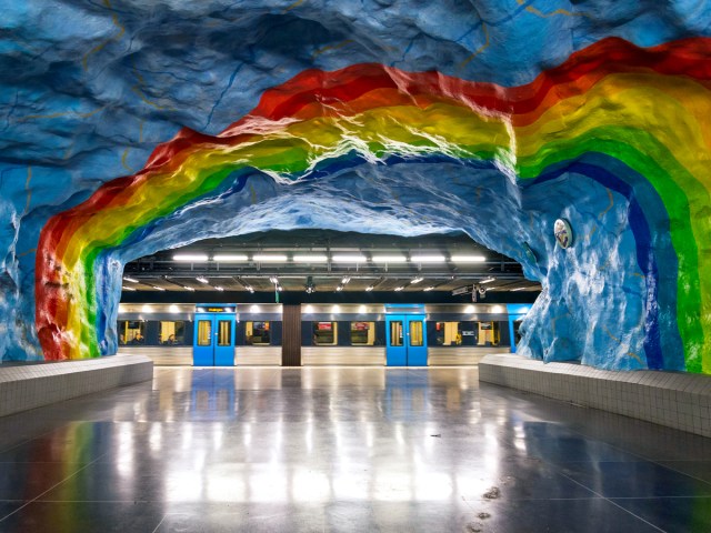 Metro station in Stockholm, Sweden, with colorfully painted ceilings