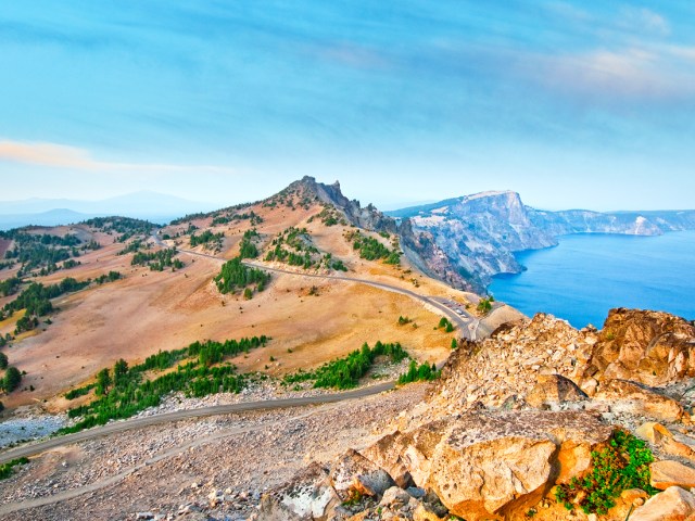 Aerial view of Rim Drive in Oregon's Crater Lake National Park