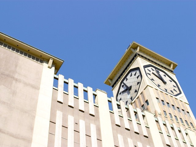 View of Allen-Bradley Clock Tower in Milwaukee, Wisconsin, from street level
