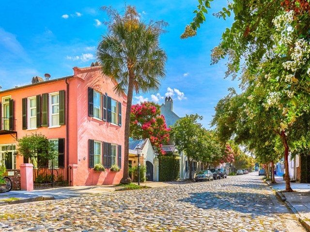 Stone street lined with brightly painted historic homes in Charleston, South Carolina