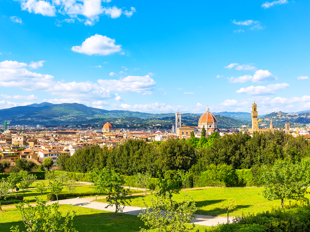 Boboli Gardens overlooking the skyline of Florence, Italy