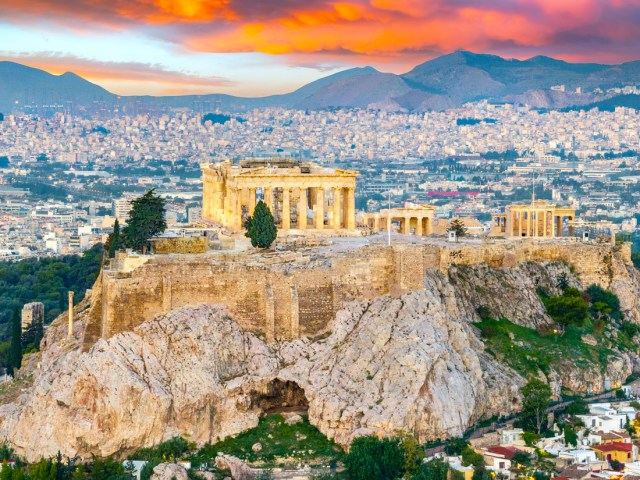 The Parthenon ruins on hilltop Acropolis of Athens in Greece, seen from above