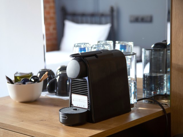 Espresso machine in hotel room