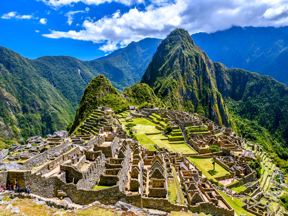 Aerial view of Machu Picchu surrounded by Andes mountains in Peru