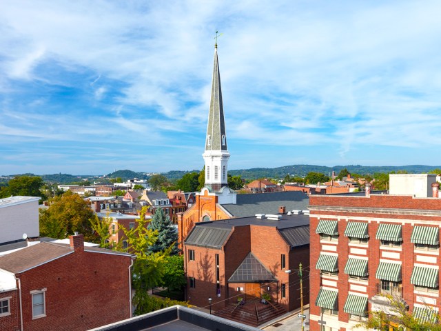 Aerial view of church tower standing above other buildings in York, Pennsylvania 