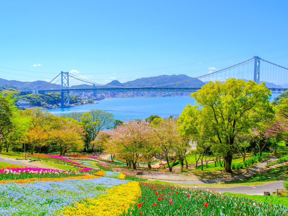 Colorful flower-covered hillside overlooking bridge across Kanmon Strait in Japan