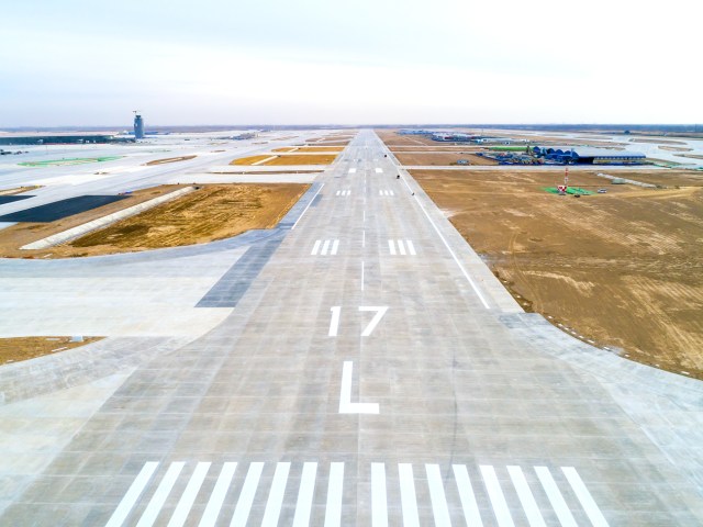 Aerial view of airport runway numbered 17L