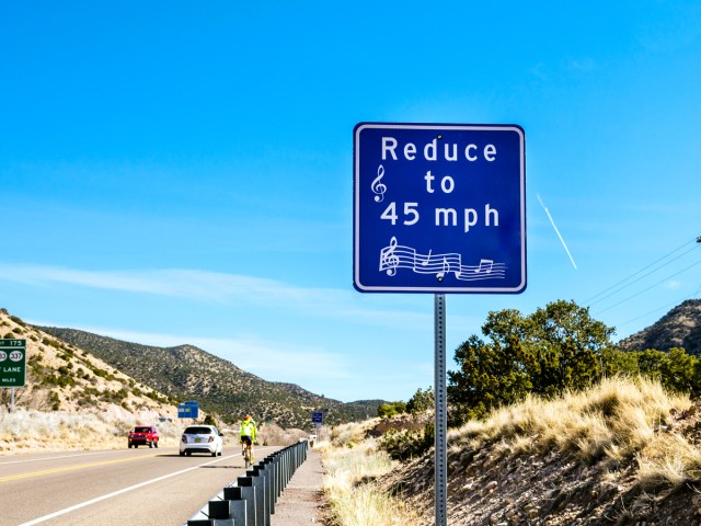 Sign along Route 66's Musical Highway instructing drivers to reduce speed to 45 mph