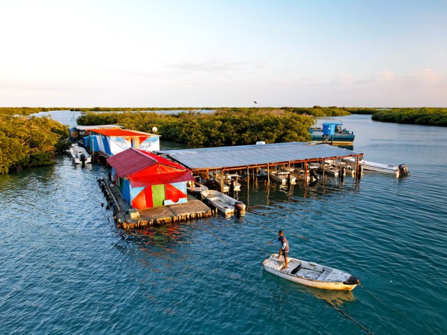 Aerial view of boats and marina in Jardines de la Reina National Park in Cuba