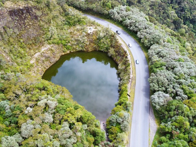 Overhead view of roadside lake near Cerro de la Muerte in Costa Rica, highest elevation point of the Pan-American Highway