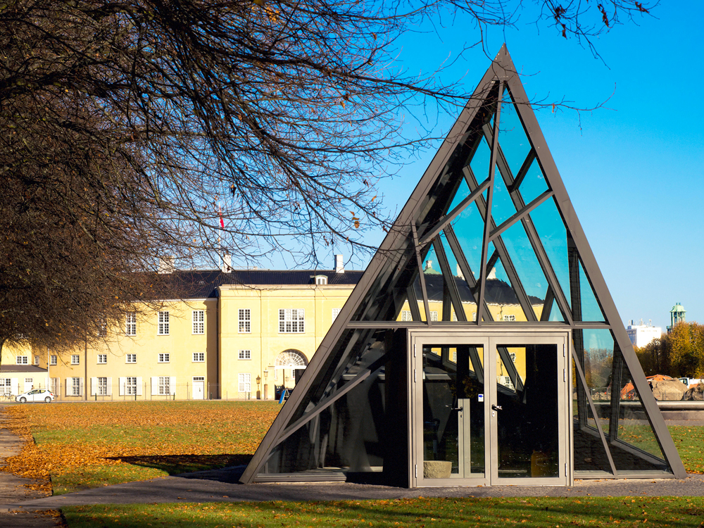 Glass pyramid entrance to underground art gallery of the Cisternerne in Denmark