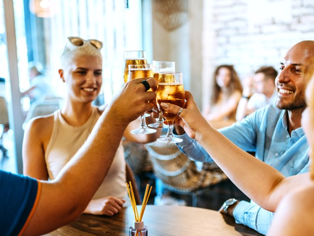 Group of people toasting at bar