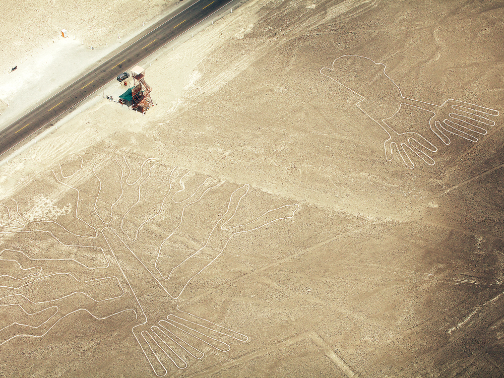 Aerial view of the geoglyphs of the Nazca Lines in Peru