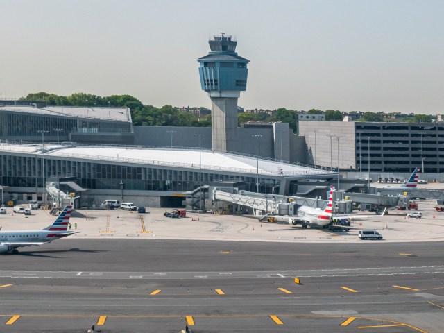 Aerial view of ramp, terminal building, and control tower at New York's LaGuardia Airport