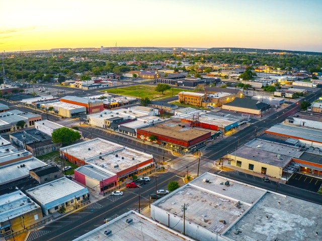 Aerial view of low-rise buildings in Killeen, Texas, at sunset