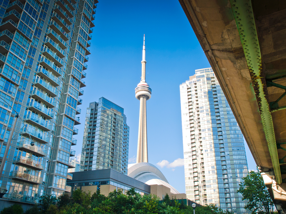 View of CN Tower in Toronto, Ontario, from street level