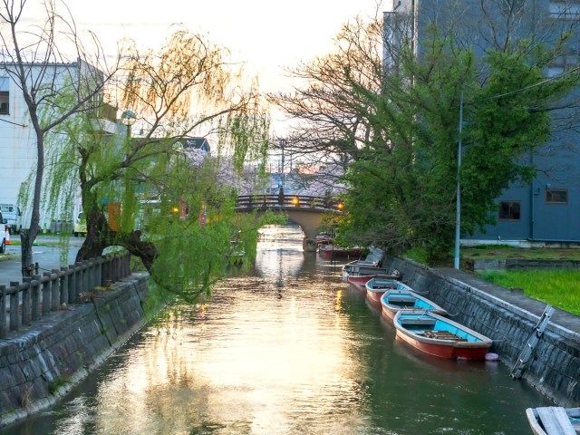 Canal in Yanagawa, Japan, seen at dusk