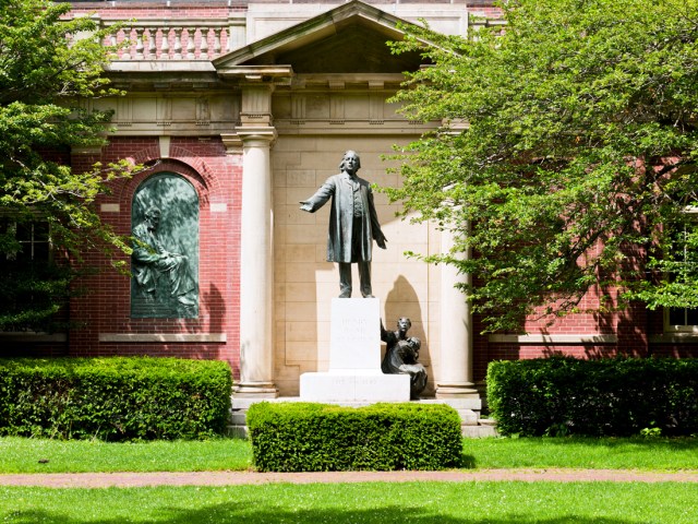 Statue in front of Plymouth Church of the Pilgrims in Brooklyn, New York