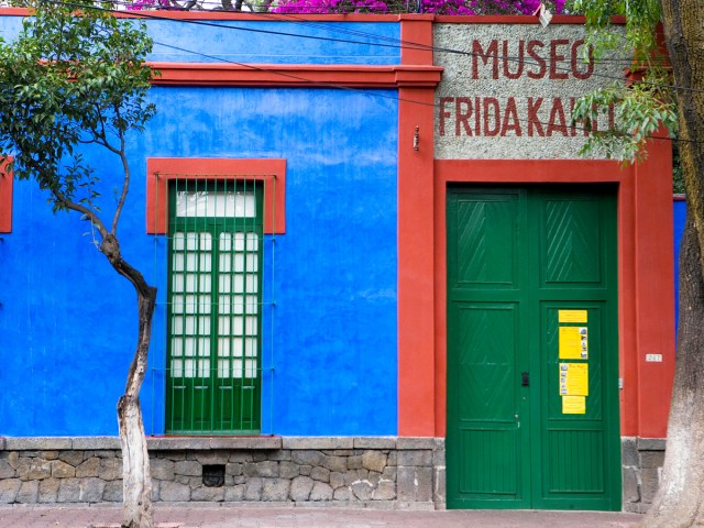 Entrance to the cobalt blue Frida Kahlo Museum in Mexico City, Mexico