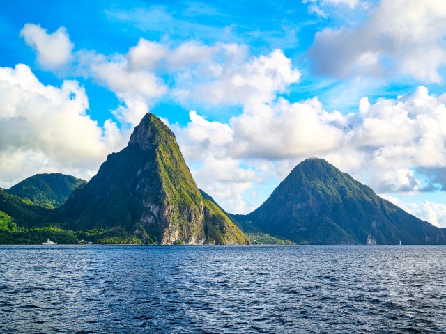 The Pitons on island of St. Lucia, seen from sea