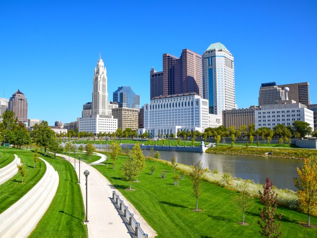 Riverfront path beside skyscrapers of downtown Columbus, Ohio