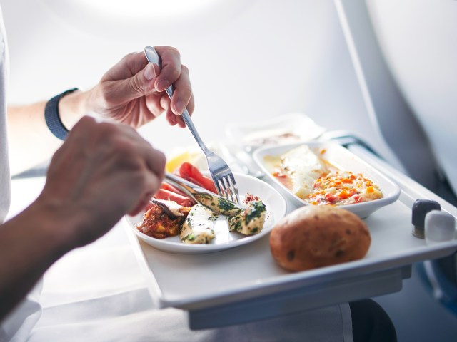 Airplane passenger eating in-flight meal on tray table