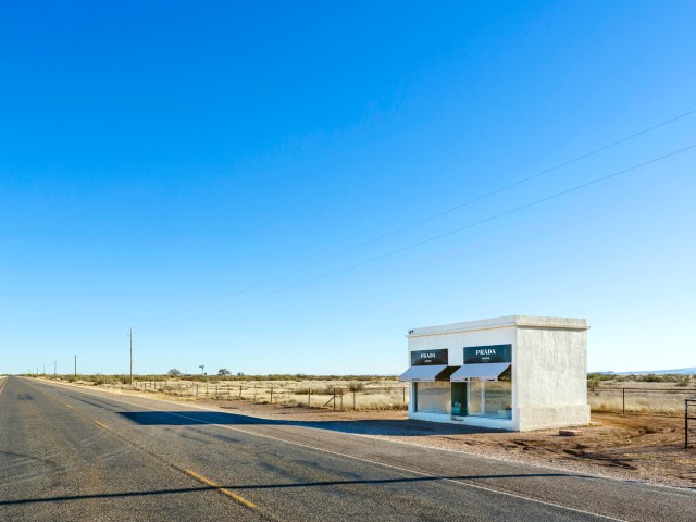 Prada storefront art installation on desert road outside of Marfa, Texas