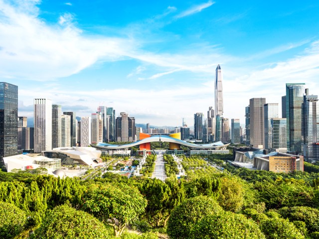 Urban park surrounded by modern skyscrapers in Shenzhen, China