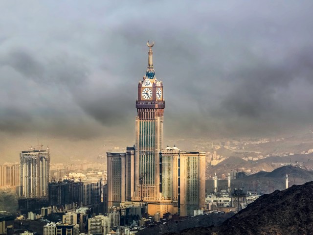 Makkah Royal Clock Tower under cloudy skies in Mecca, Saudi Arabia