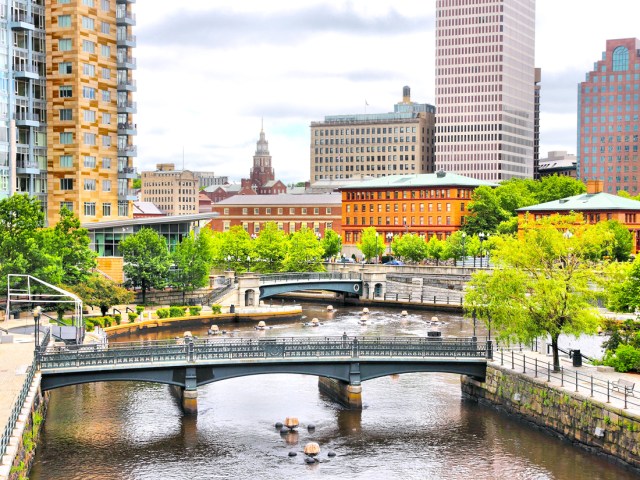 Bridge over the Providence River, flanked by high-rise buildings