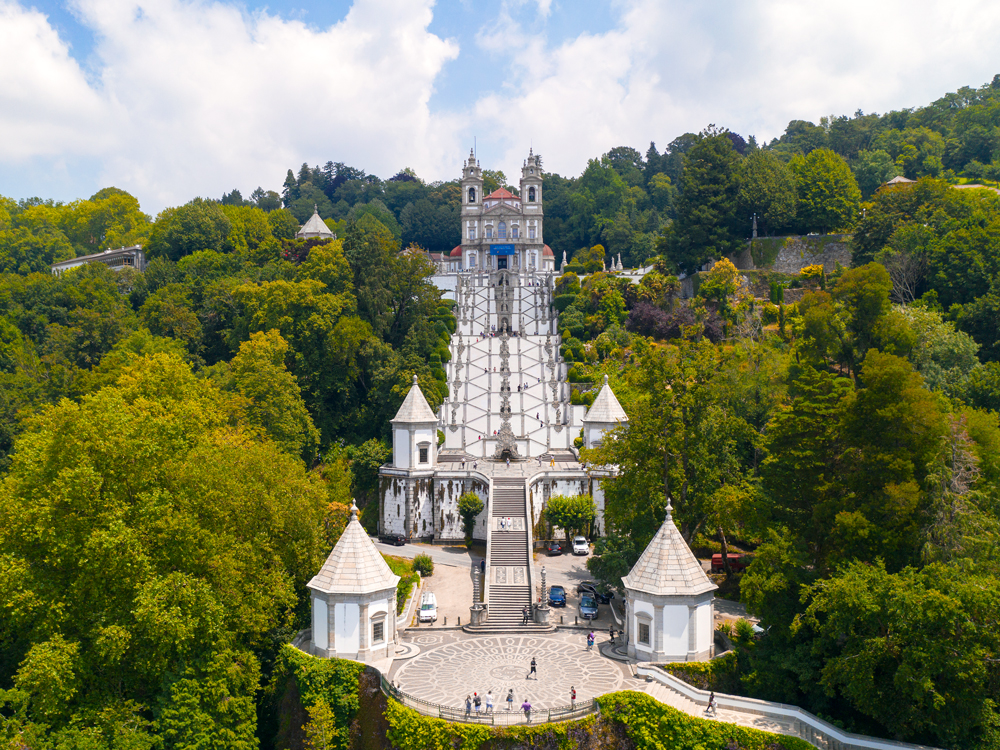 Aerial view of famous staircase to Sanctuary of Bom Jesus do Monte in Tenões, Portugal