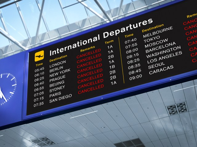 View of international departures display board at airport