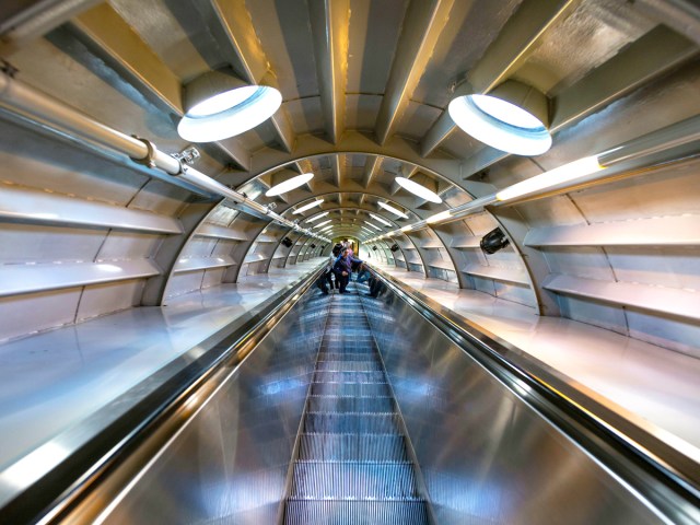 Escalator inside Atomium in Brussels, Belgium