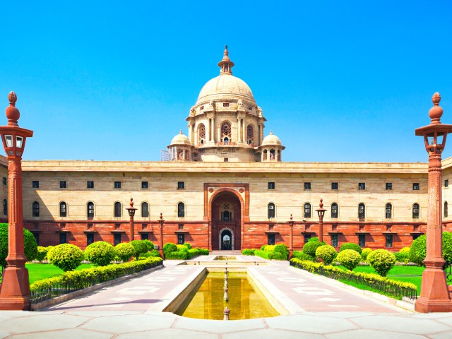 Grand entrance to Rashtrapati Bhavan official residence in New Delhi, India