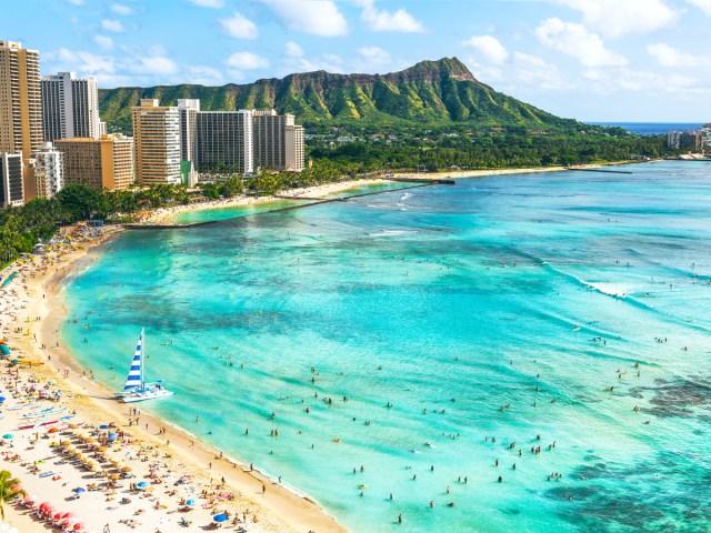 Aerial view of famous Waikiki Beach in Honolulu, Hawaii