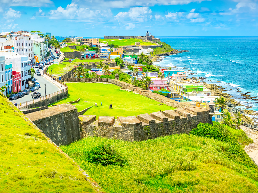 View of Old San Juan, Puerto Rico, along Caribbean coast