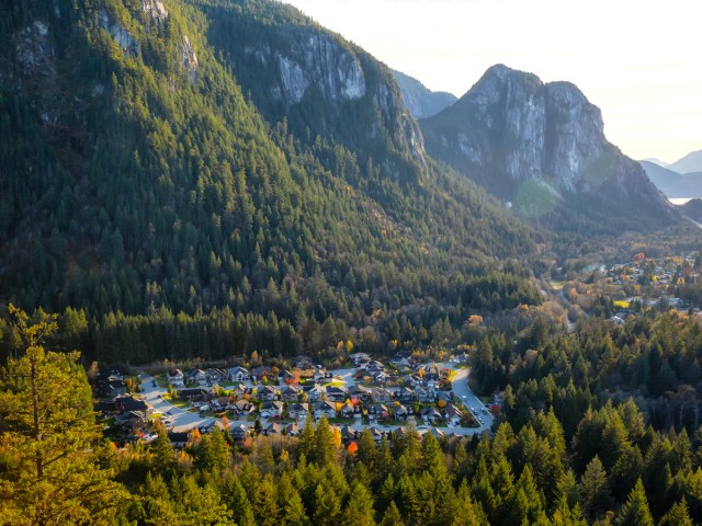 Aerial view of Squamish, British Columbia, surrounded by mountains