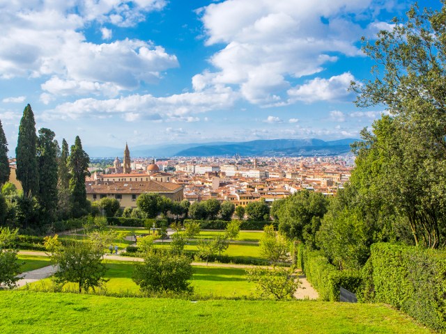 Overview of Boboli Gardens and cityscape of Florence, Italy