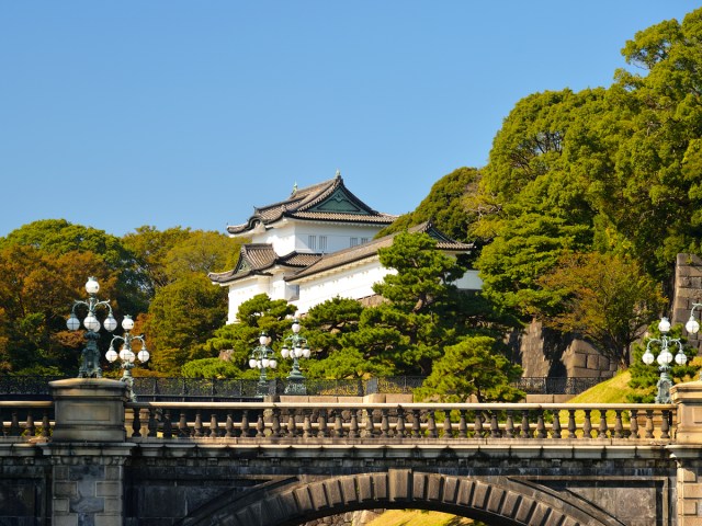 Bridge through gardens of the Imperial Palace in Tokyo, Japan