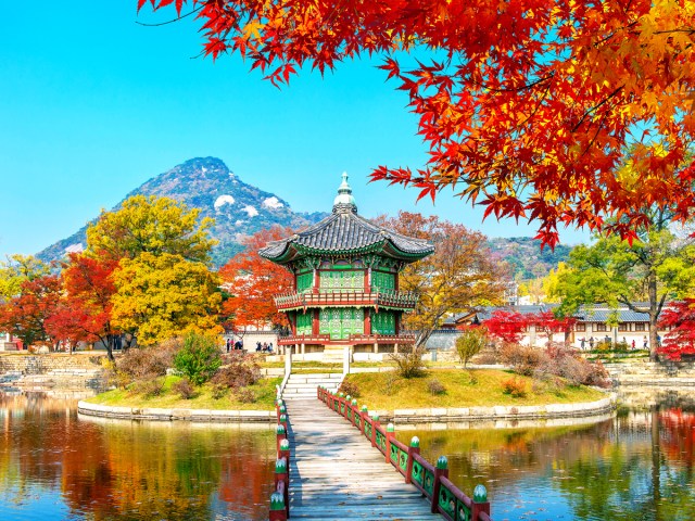 Fall foliage surrounding temple in Seoul, South Korea