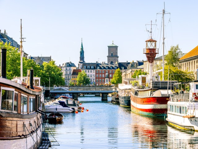 Boats docked in Frederiksholms Kanal in Copenhagen, Denmark