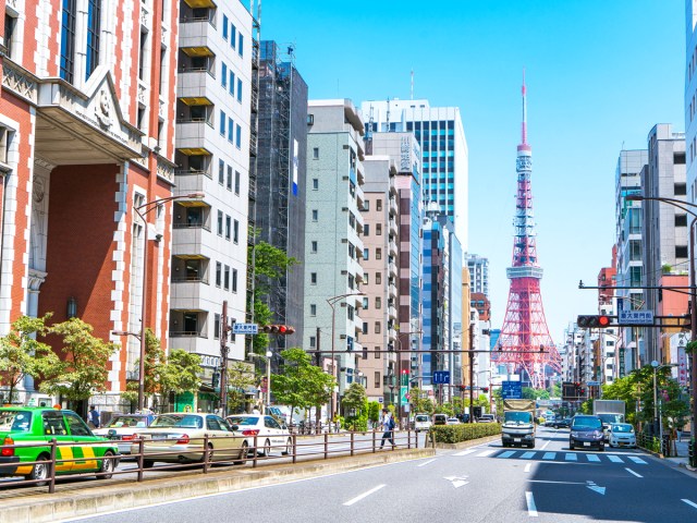 Road in Tokyo, Japan, with view of Tokyo Tower