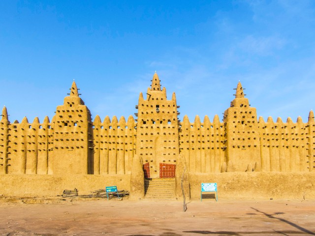 Adobe facade of the Great Mosque of Djenné in Mali 