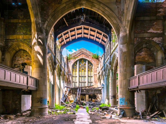 Ruins of City Methodist Church in Gary, Indiana, seen from inside