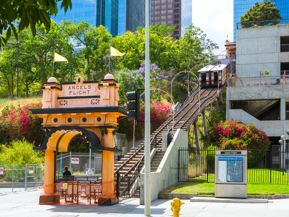 Lower station entrance with view of Angels Flight in downtown Los Angeles, California