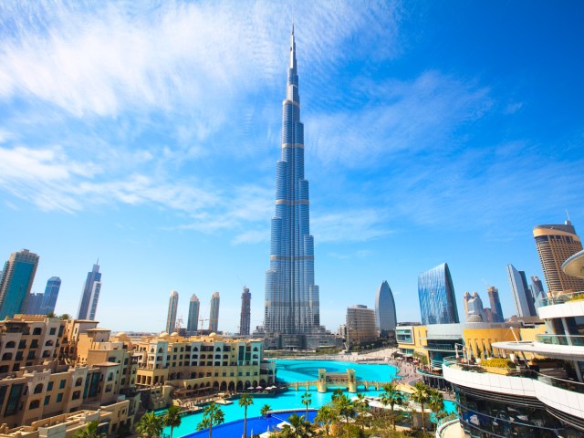 Burj Khalifa, the world's tallest skyscraper, surrounded by other buildings in downtown Dubai, UAE