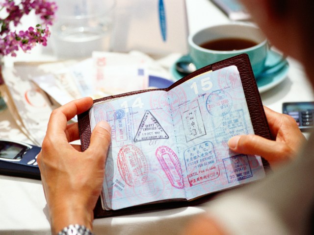 Close-up of stamps in passport book